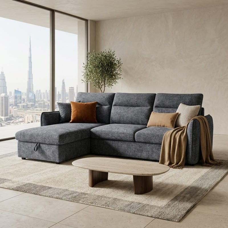 Archie Pale Blue Chenille Fabric Corner Sofabed with Storage