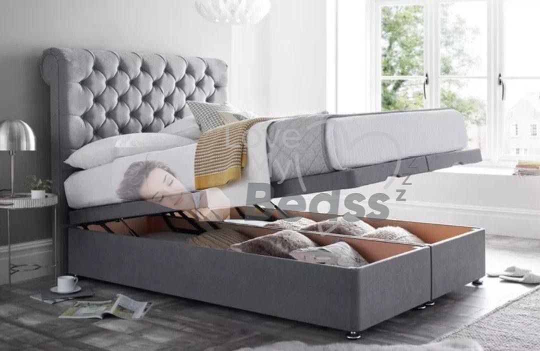 Sofia Scroll Sleigh Ottoman Bed With Ottoman