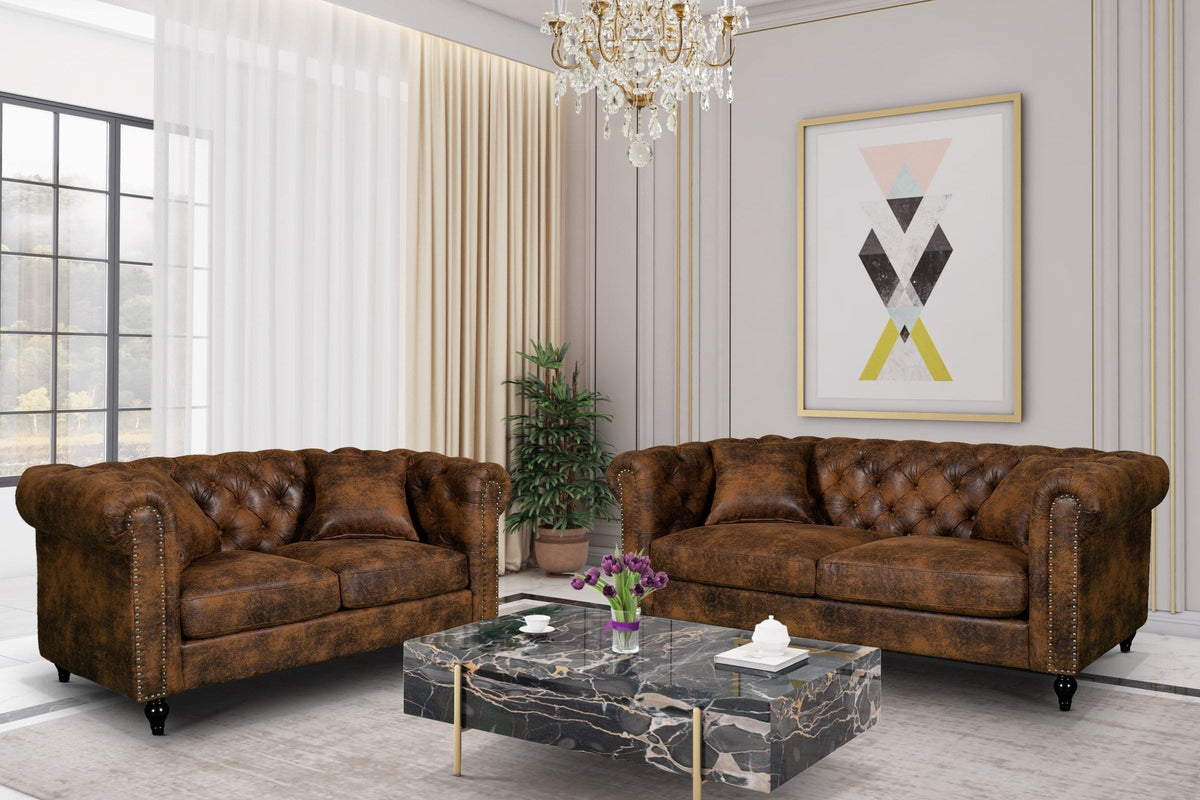 Camden 3+2 Seater Chesterfield Sofa Set With Wooden Feet - Brown Suede Leather - Image 1