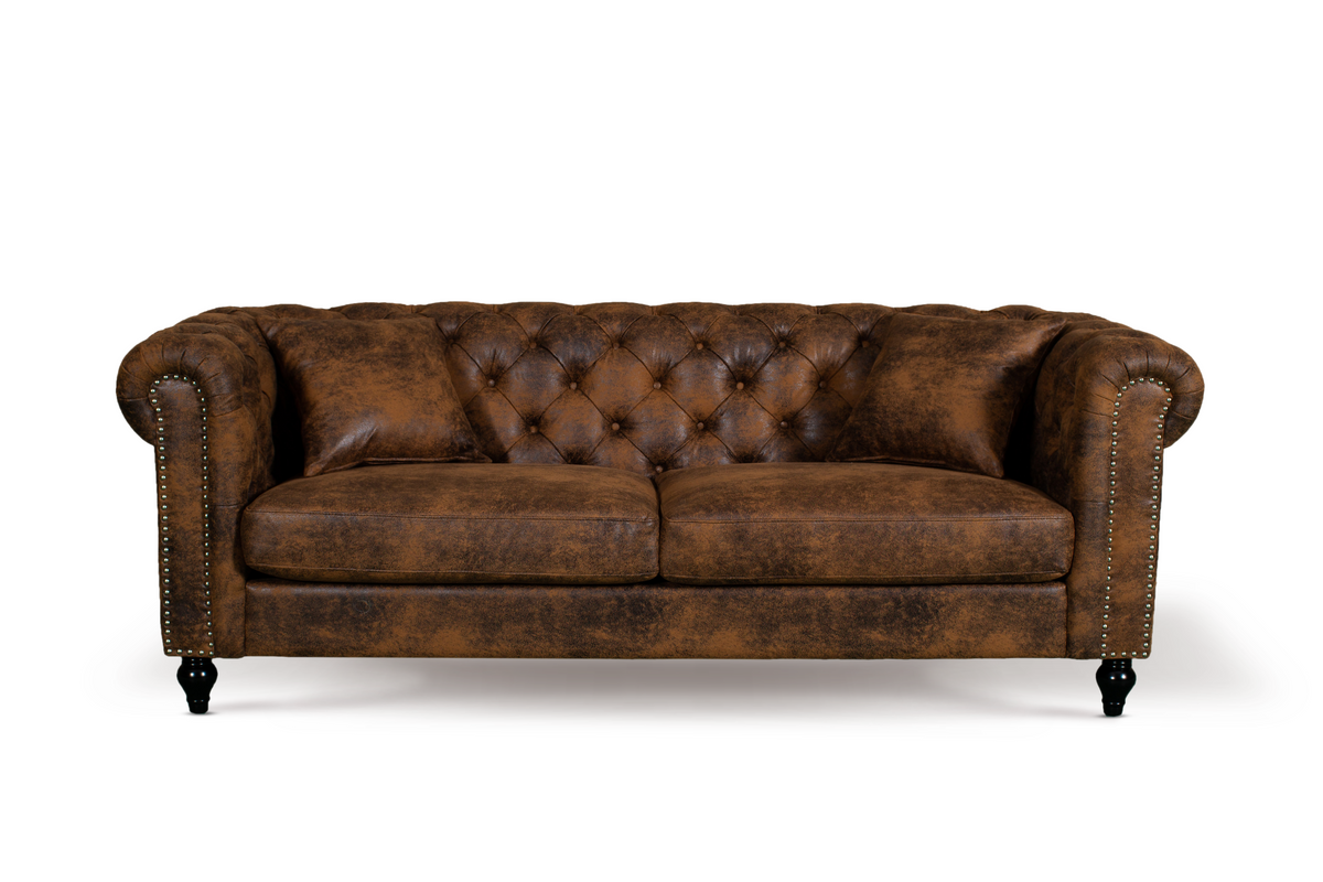 Camden 3+2 Seater Chesterfield Sofa Set With Wooden Feet - Brown Suede Leather - Image 2