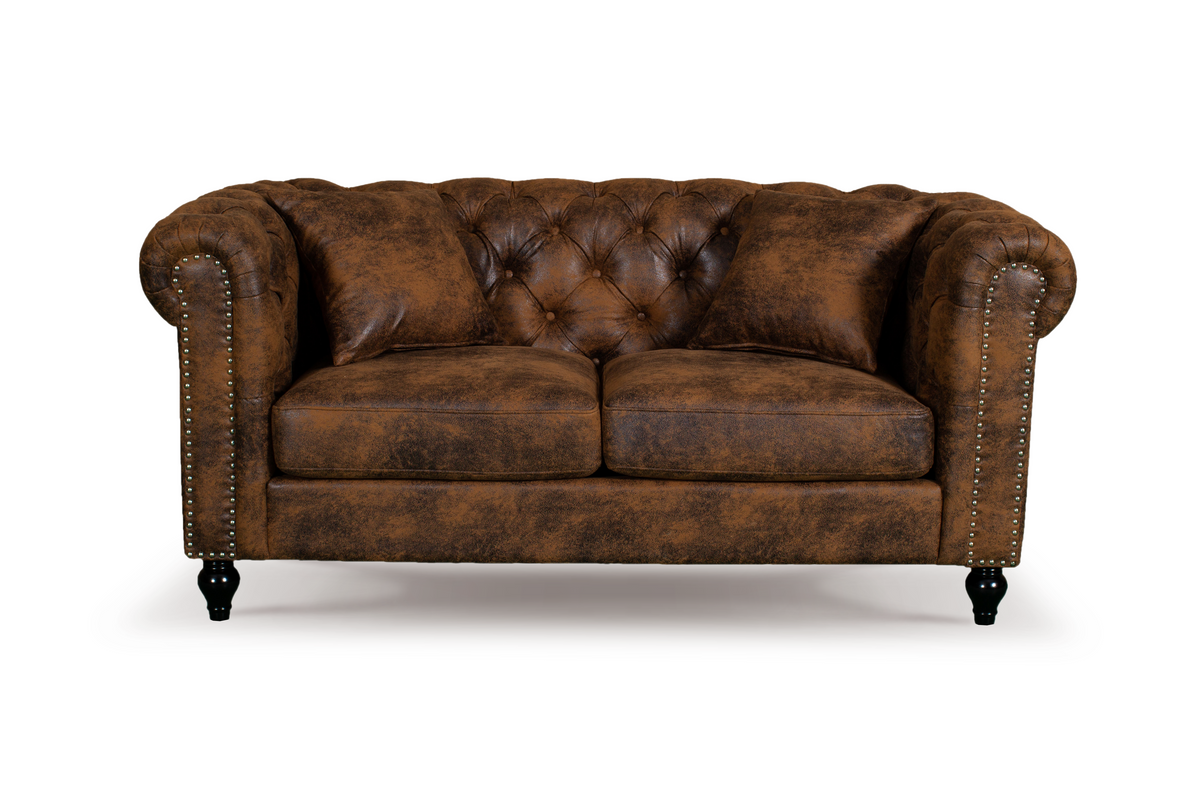 Camden 3+2 Seater Chesterfield Sofa Set With Wooden Feet - Brown Suede Leather - Image 6