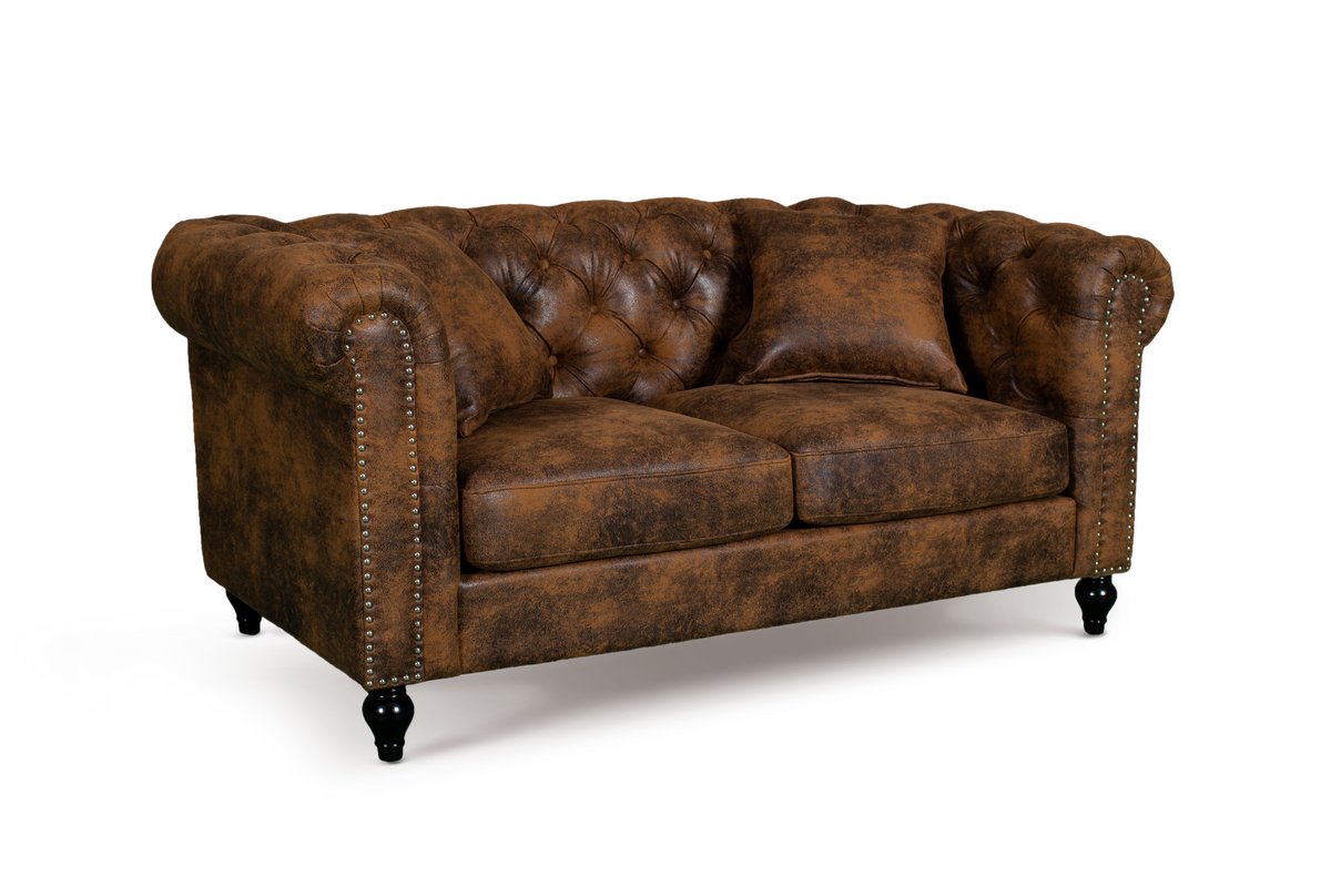 Camden 3+2 Seater Chesterfield Sofa Set With Wooden Feet - Brown Suede Leather - Image 7