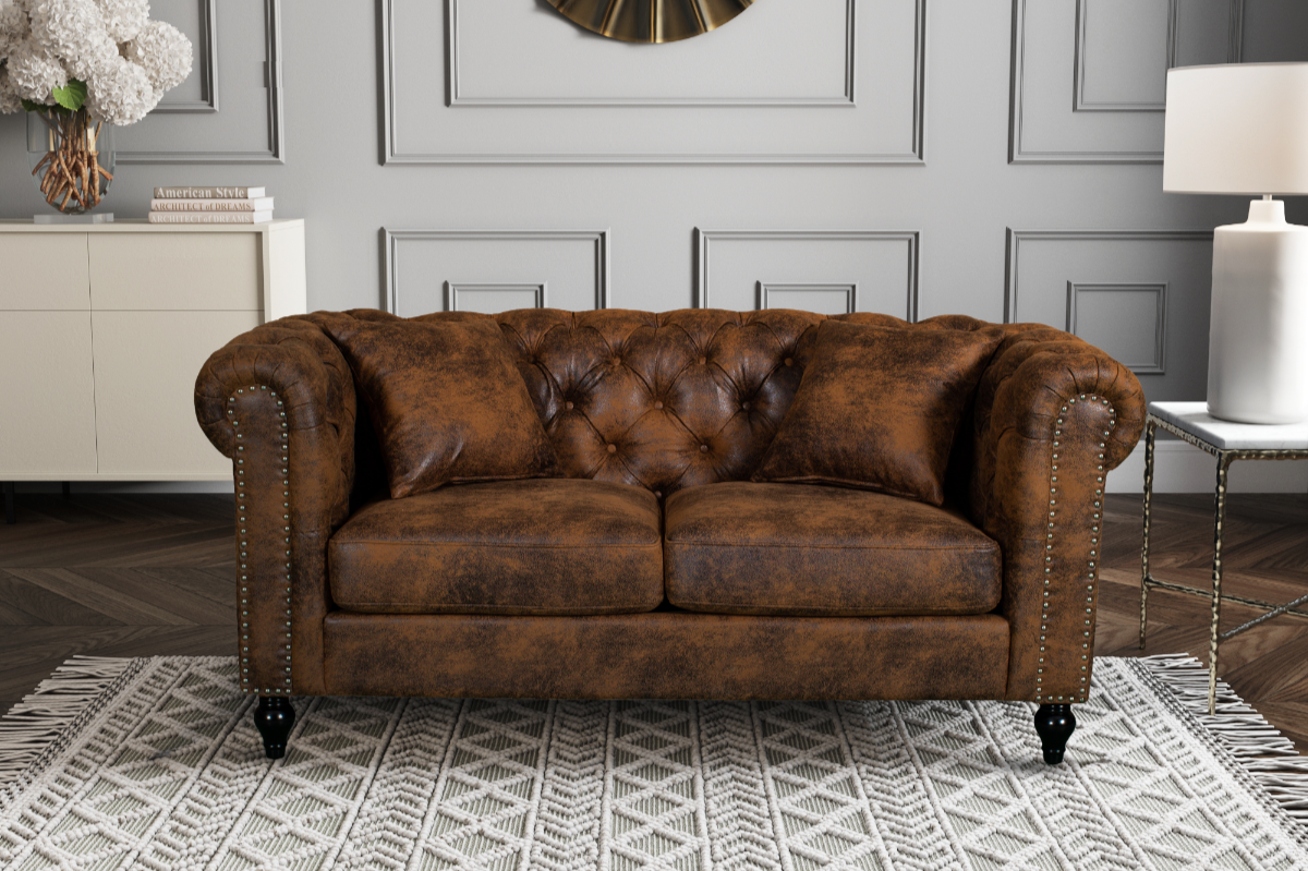 Camden 2 Seater Chesterfield Sofa With Wooden Feet - Brown Suede Leather - Image 1