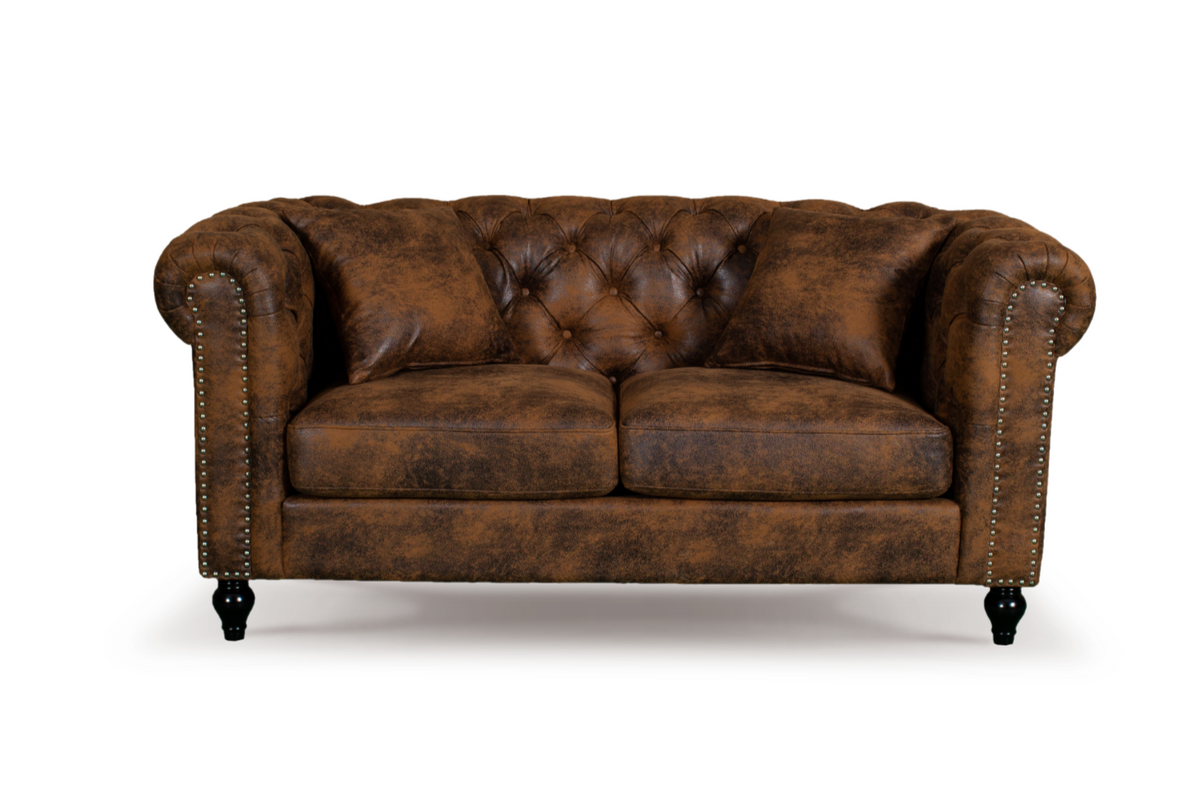 Camden 2 Seater Chesterfield Sofa With Wooden Feet - Brown Suede Leather - Image 2