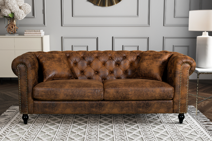 Camden 3 Seater Chesterfield Sofa With Wooden Feet - Brown Suede Leather - Image 1
