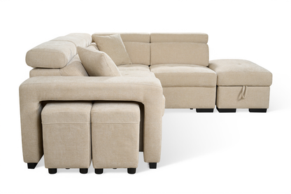 Amelia Light Beige Chenille Fabric 2C1 Corner Sofa Bed with Storage and Ottomans