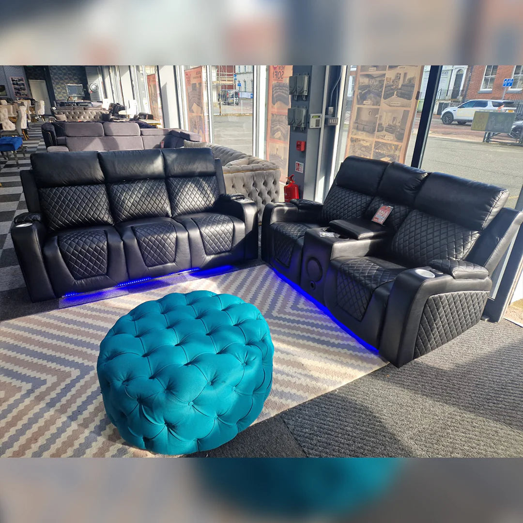 Florida Music Electric Recliners 3+2 Seater Leather Sofa Black - Blutooth Speakers - LED LIGHTS - USB CHARGER