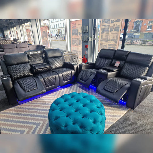 Florida Music Electric Recliners 3+2 Seater Leather Sofa Black - Blutooth Speakers - LED LIGHTS - USB CHARGER