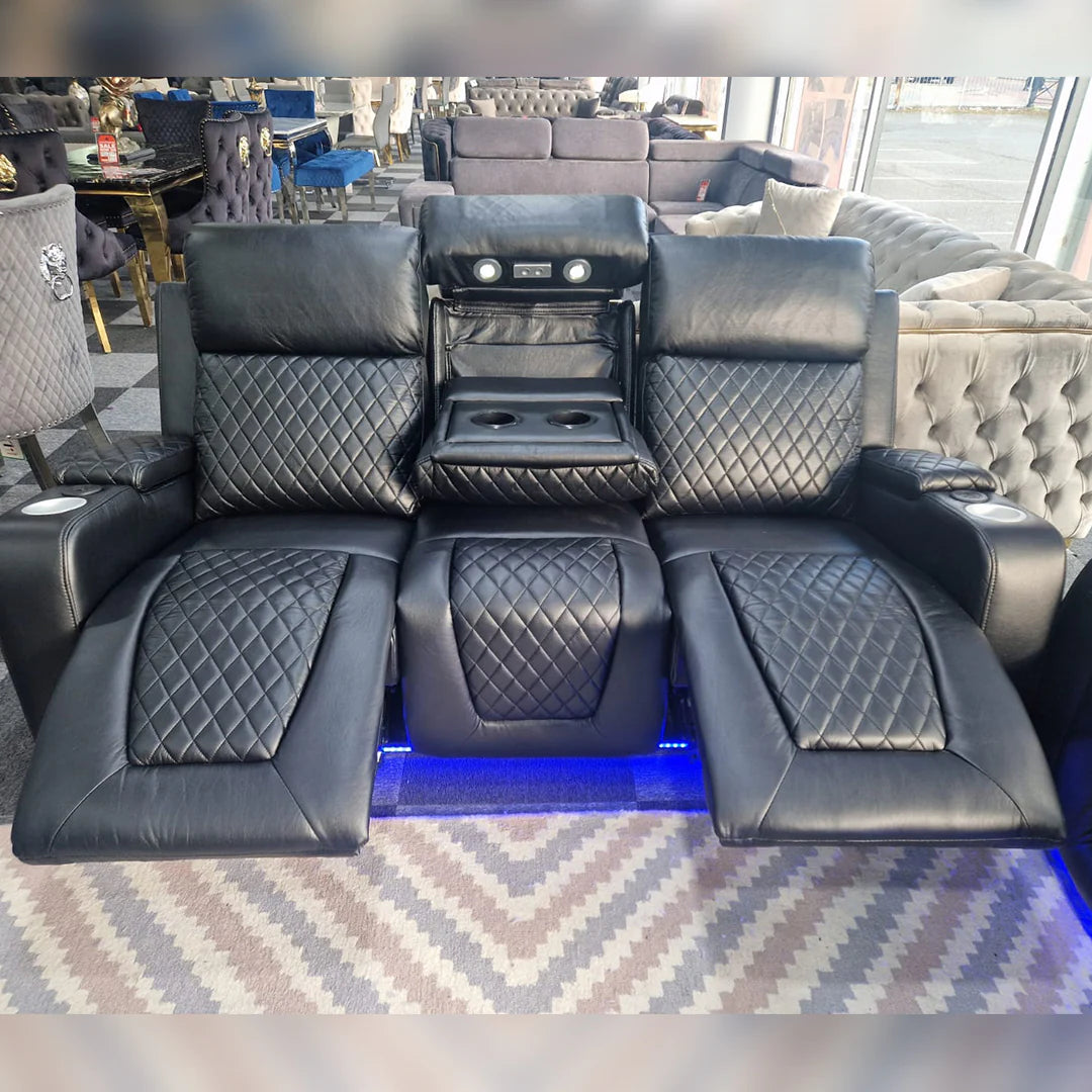 Florida Music Electric Recliners 3+2 Seater Leather Sofa Black - Blutooth Speakers - LED LIGHTS - USB CHARGER