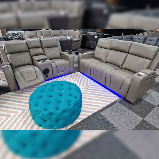 Florida Music Electric Recliners 3+2 Seater Leather Sofa Grey - Blutooth Speakers - LED LIGHTS - USB CHARGER