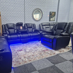 Orlando Electric Recliners 3+2 Seater Leather Sofa Black - Led Lights - Wireless Charger