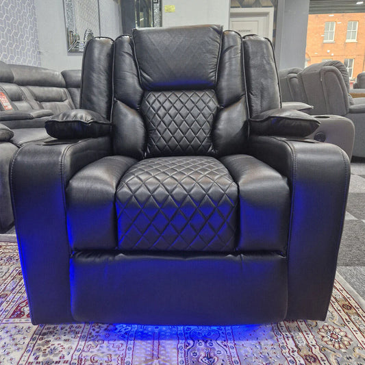 Orlando Electric Recliners 3+2 Seater Leather Sofa Black - Led Lights - Wireless Charger