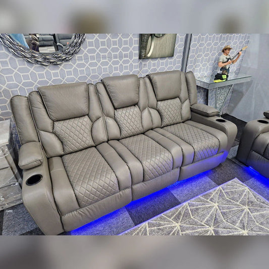 Orlando Electric Recliners 3+2 Seater Leather Sofa Grey - Led Lights - Wireless Charger