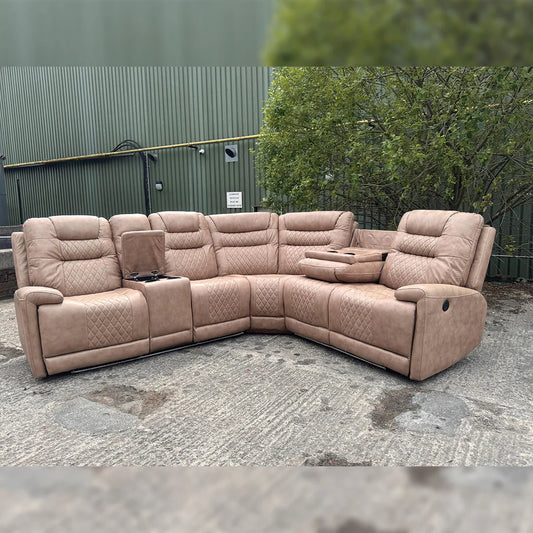 Halifax Leather Electric Recliner Corner Sofa Beige - USB Ports - LED LIGHTS - CUP HOLDERS