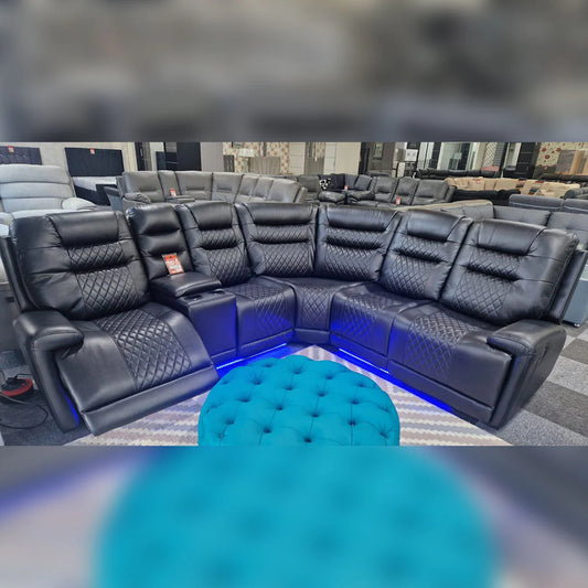 Halifax Leather Electric Recliner Corner Sofa Black -USB Ports - LED LIGHTS - CUP HOLDERS