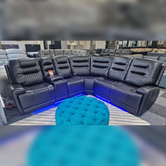 Halifax Leather Electric Recliner Corner Sofa Black -USB Ports - LED LIGHTS - CUP HOLDERS