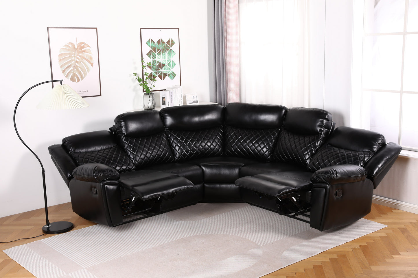 Myra Recliner Leather Large Corner Sofa Set - Black