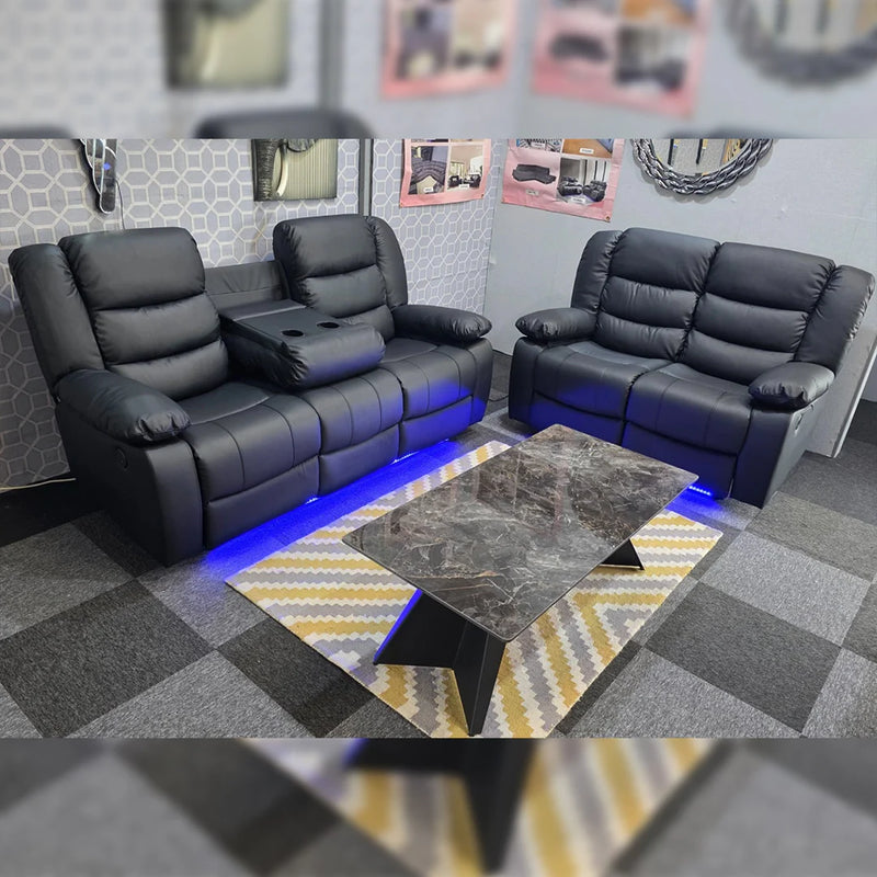 Roma Leather Electric Recliner Sofa With Cupholders - 3+2 Seater Sofa Black