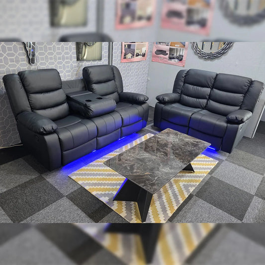 Roma Leather Electric Recliner Sofa With Cupholders - 3+2 Seater Sofa Black