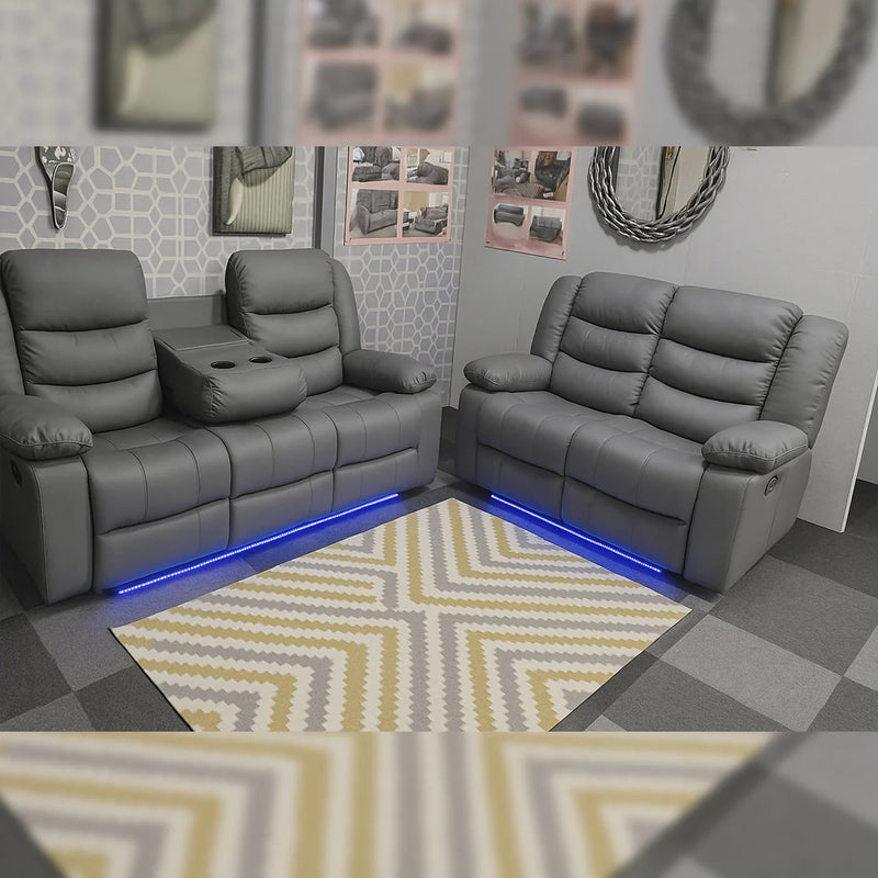 Roma Leather Electric Recliner Sofa With Cupholders - 3+2 Seater Sofa Grey