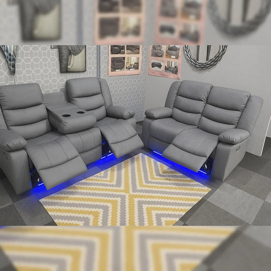 Roma Leather Electric Recliner Sofa With Cupholders - 3+2 Seater Sofa Grey