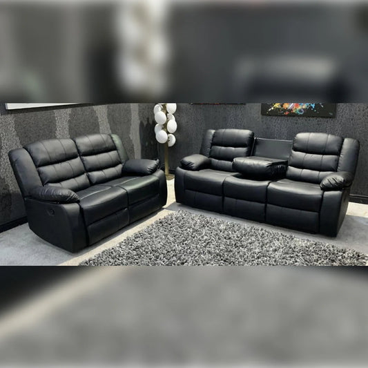 Roma Leather Recliner Sofa with Cupholders - 3+2 Seater Sofa Black