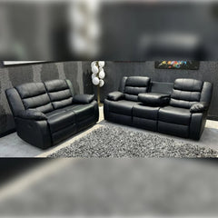 Roma Leather Recliner Sofa with Cupholders - 3+2 Seater Sofa Black