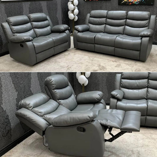 Roma Leather Recliner Sofa with Cupholders - 3+2 Seater Sofa Grey