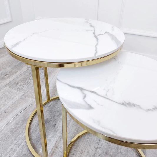 Milan Nest of 2 Tall Gold End Tables with Polar White Sintered Stone Tops