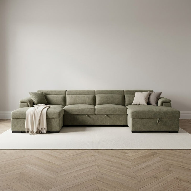 Alaya Storage U Shape Sofa Bed - Green Chenille