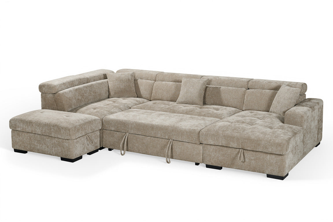 August U Shape Style Storage Sofa Bed With Ottoman - Beige Chenille - Left Hand - product view 2