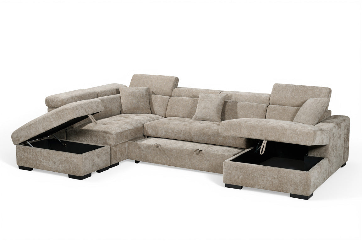 August U Shape Style Storage Sofa Bed With Ottoman - Beige Chenille - Left Hand - product view 3