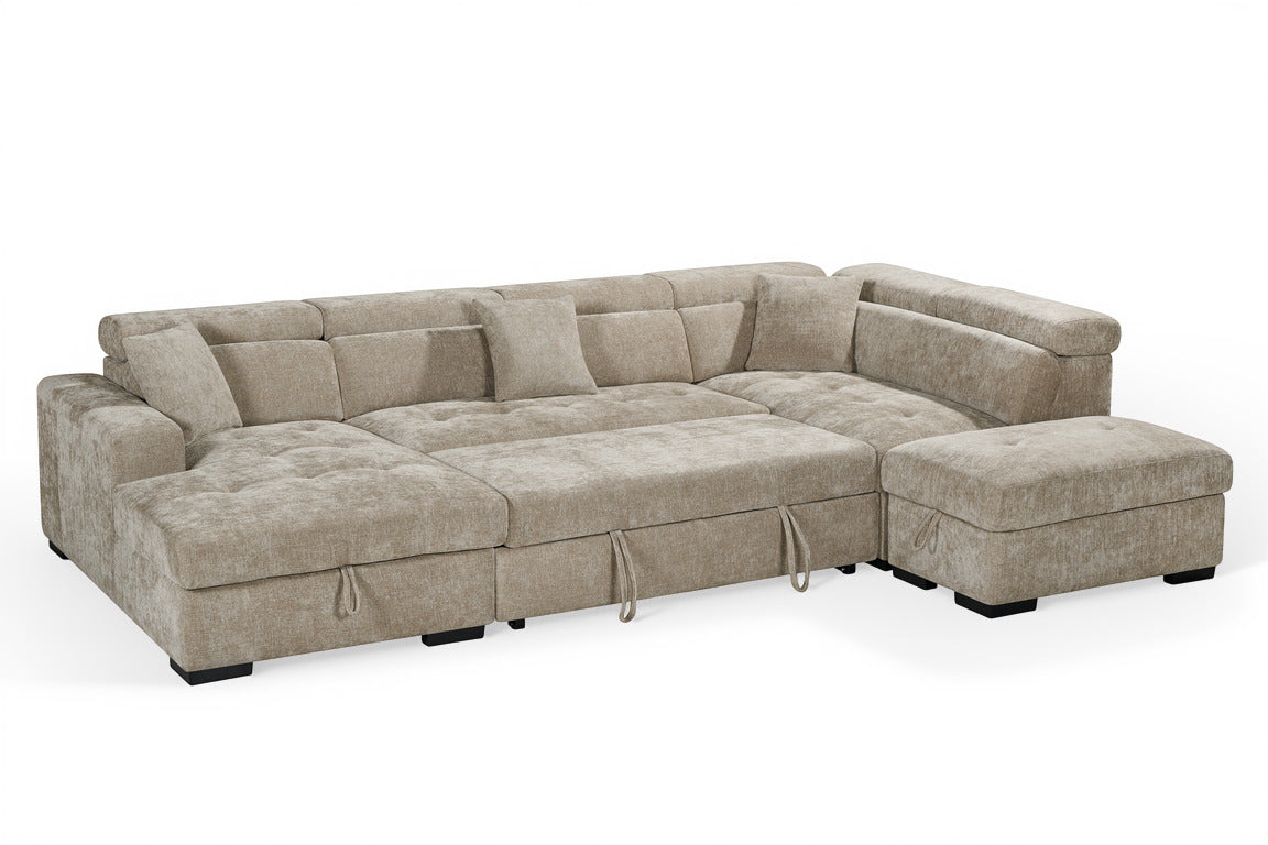 August U Shape Style Storage Sofa Bed With Ottoman - Beige Chenille - Right Hand - product view 3