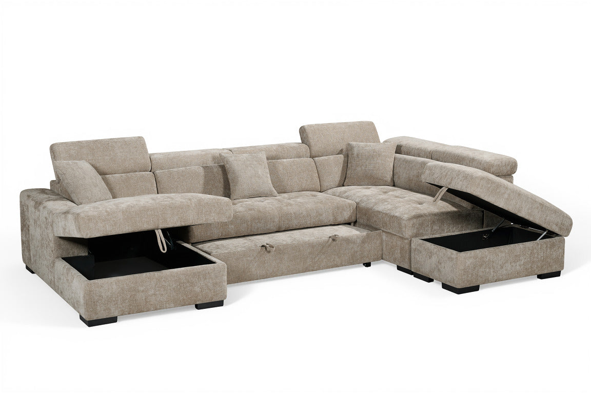 August U Shape Style Storage Sofa Bed With Ottoman - Beige Chenille - Right Hand - product view 4