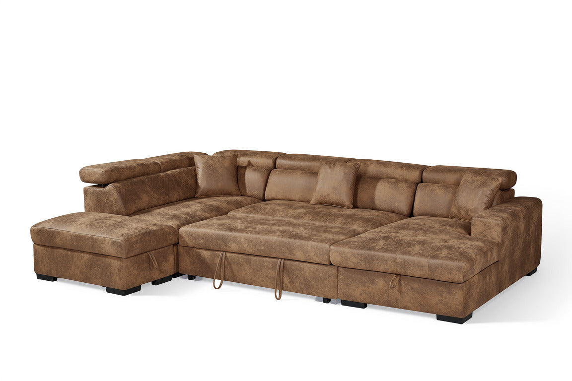 August U Shape Style Storage Sofa Bed With Ottoman - Brown Suede Leather - Left Hand - product view 2