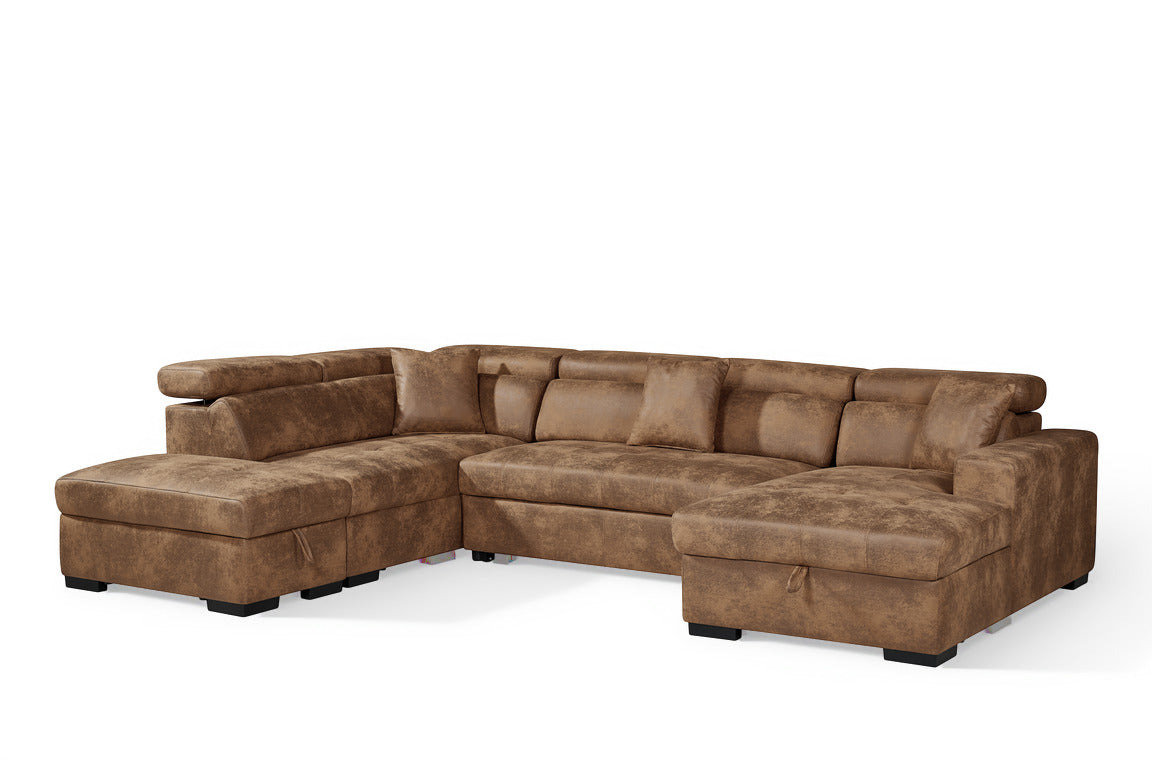 August U Shape Style Storage Sofa Bed With Ottoman - Brown Suede Leather - Left Hand - product view 3