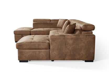 August U Shape Style Storage Sofa Bed With Ottoman - Brown Suede Leather - Left Hand - product view 4