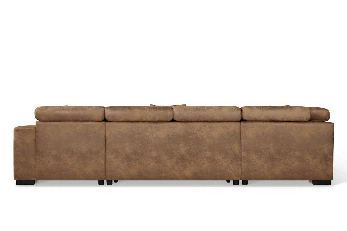 August U Shape Style Storage Sofa Bed With Ottoman - Brown Suede Leather - Left Hand - product view 5