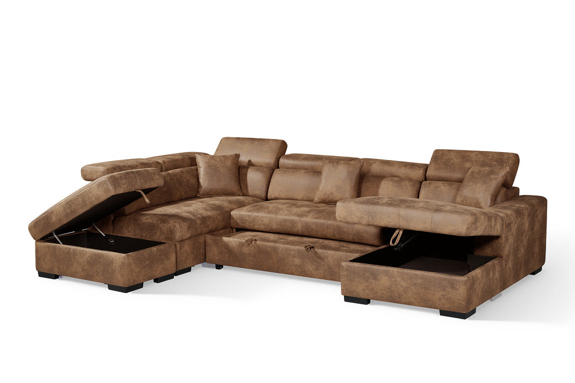 August U Shape Style Storage Sofa Bed With Ottoman - Brown Suede Leather - Left Hand - product view 6