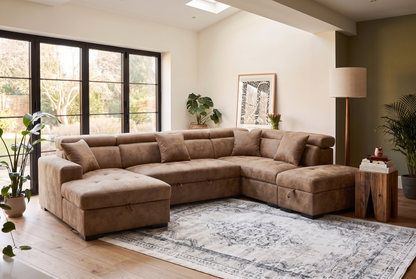 August U Shape Style Storage Sofa Bed With Ottoman - Brown Suede Leather - Right Hand - product view 1