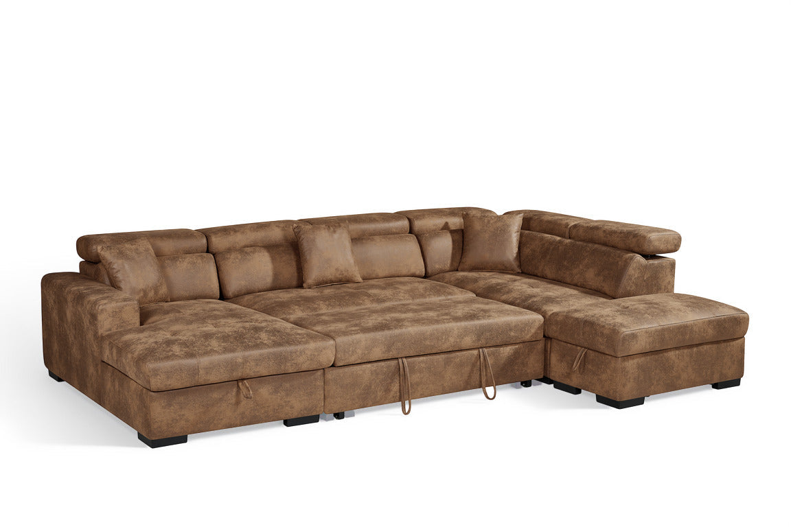 August U Shape Style Storage Sofa Bed With Ottoman - Brown Suede Leather - Right Hand - product view 2