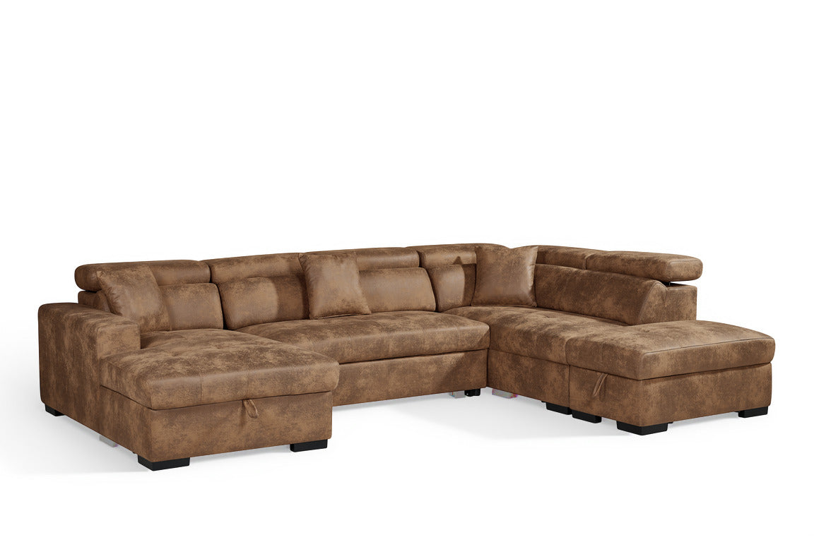 August U Shape Style Storage Sofa Bed With Ottoman - Brown Suede Leather - Right Hand - product view 3