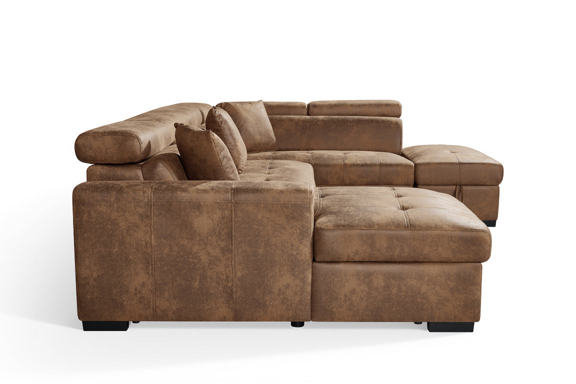 August U Shape Style Storage Sofa Bed With Ottoman - Brown Suede Leather - Right Hand - product view 4
