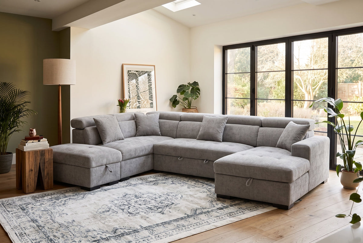 August U Shape Style Storage Sofa Bed With Ottoman - Grey Chenille - Left Hand - product view 1