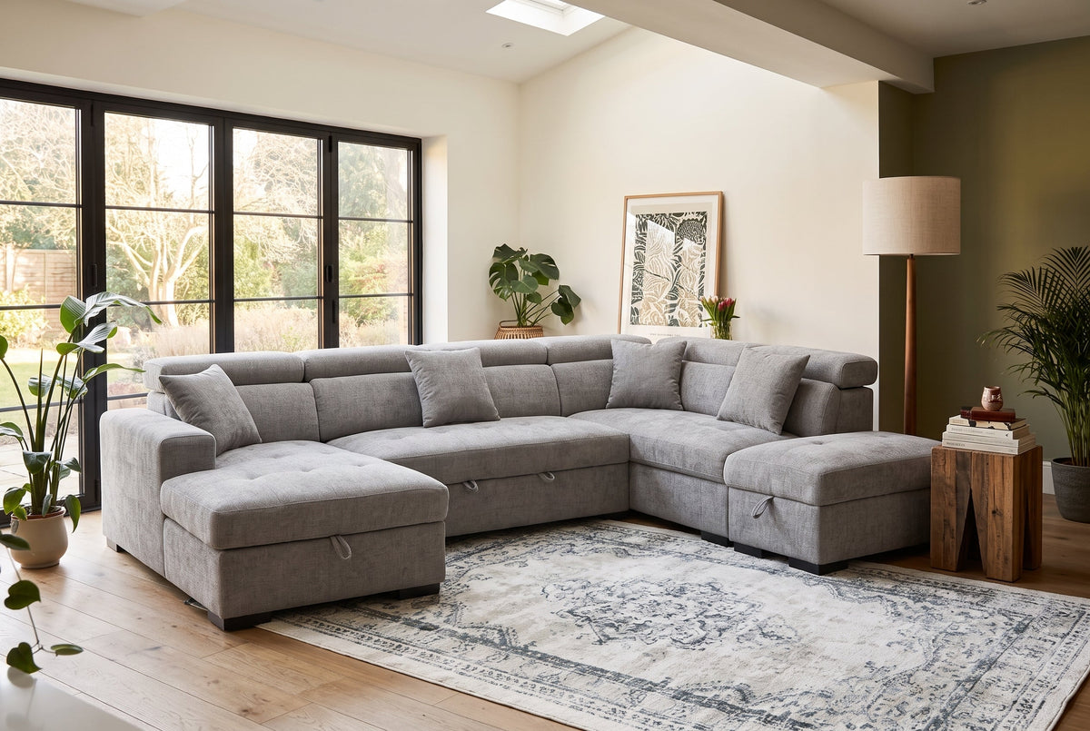 August U Shape Style Storage Sofa Bed With Ottoman - Grey Chenille - Right Hand - product view 1