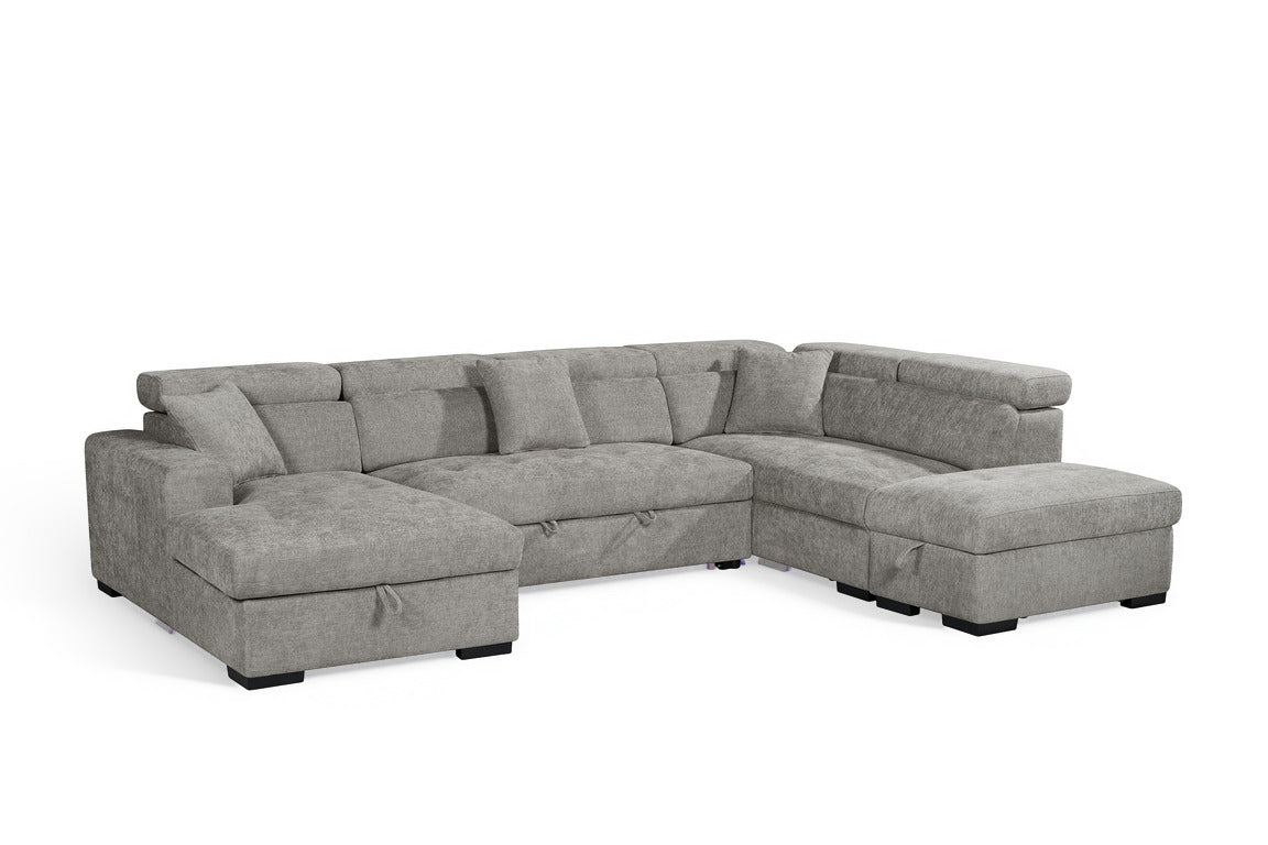 August U Shape Style Storage Sofa Bed With Ottoman - Grey Chenille - Right Hand - product view 2