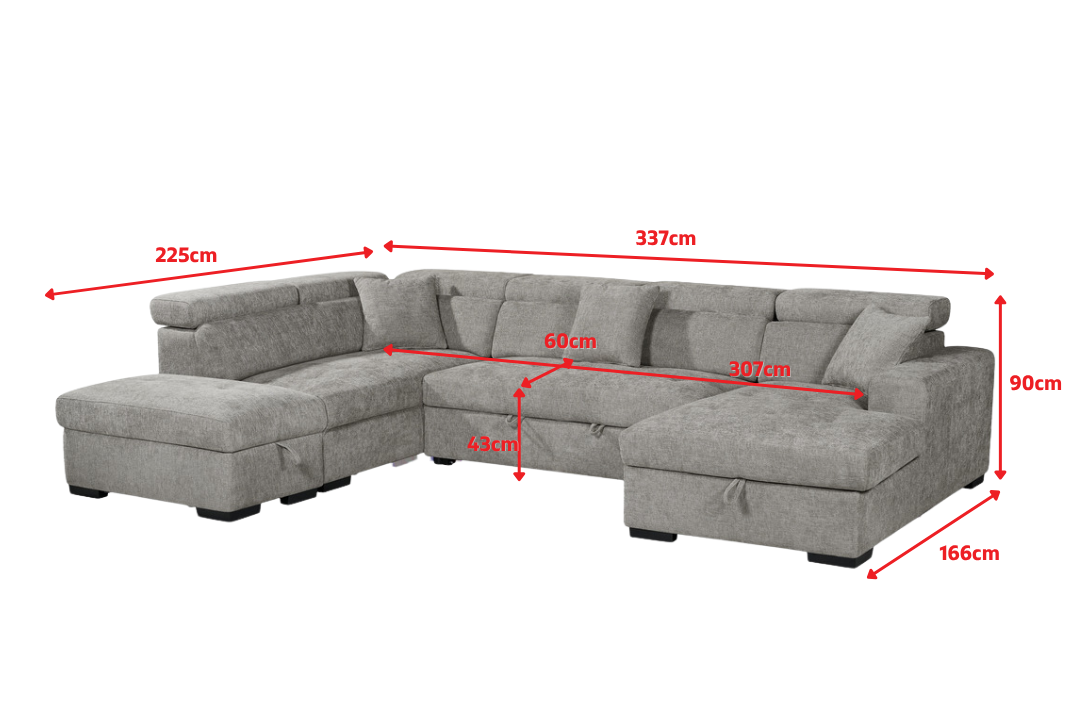 August U Shape Sofa Bed With Ottoman - Left Hand dimensions, 337 cm wide, depths left 225 cm and right 166 cm, height 90 cm; illustrated in grey