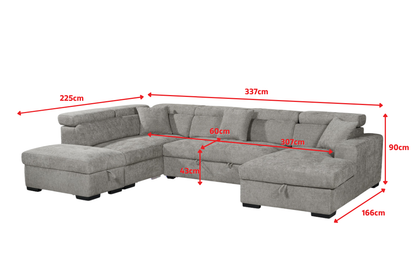 August U Shape Sofa Bed With Ottoman - Left Hand dimensions, 337 cm wide, depths left 225 cm and right 166 cm, height 90 cm; illustrated in grey