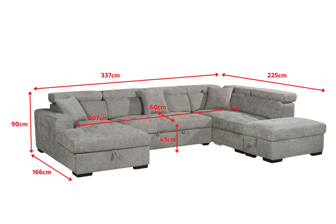 August U Shape Sofa Bed With Ottoman - Right Hand dimensions, 337 cm wide, depths left 166 cm and right 225 cm, height 90 cm; illustrated in grey
