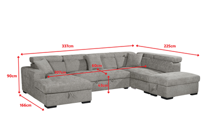 August U Shape Sofa Bed With Ottoman - Right Hand dimensions, 337 cm wide, depths left 166 cm and right 225 cm, height 90 cm; illustrated in grey